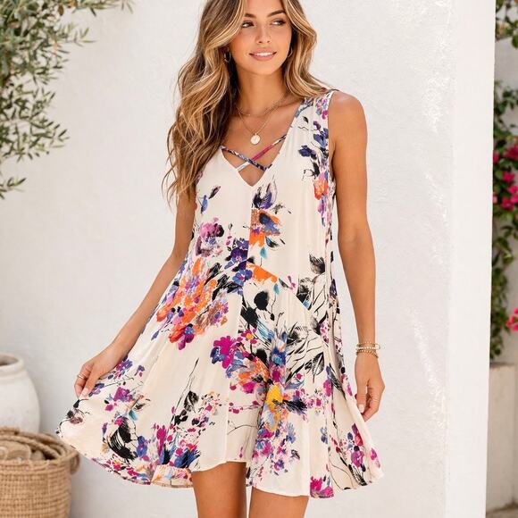 Umgee Dresses & Skirts - Umgee Floral Swing Dress Size Small Boho Flowy V-Neck Sleeveless